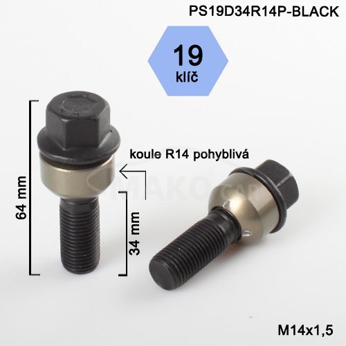 Kolový šroub M14x1,5x34 kulová R14 pohyblivá,klíč 19 (PS19D34R14-BLACK-BPP18) výška 64mm