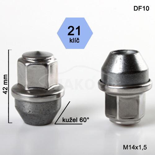 Kolová matice M14x1,5 kužel zavřená nerez krytka, klíč 21 (DF10)(DEF1/S) FORD, výška 42mm
