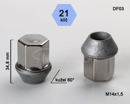 Kolová matice M14x1,5 kužel zavřená, nerez krytka, klíč 21 (DF03) FORD, výška 34,8mm (3317)