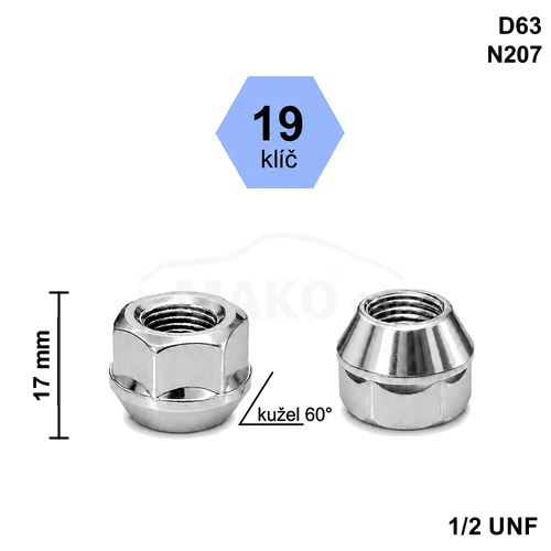Kolová matice 1/2 UNF kužel otevřená, klíč 19 (D63)(N207) výška 17mm (3382)