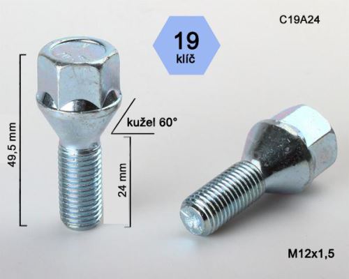 Kolový šroub M12x1,5x24 kužel, klíč 19 (C19A24)(B300) výška 49,5mm (5529)