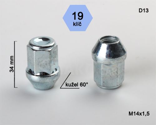 Kolová matice M14x1,5 kužel zavřená, klíč 19 (D13)(AD/S)(N403) výška 34mm (3302)