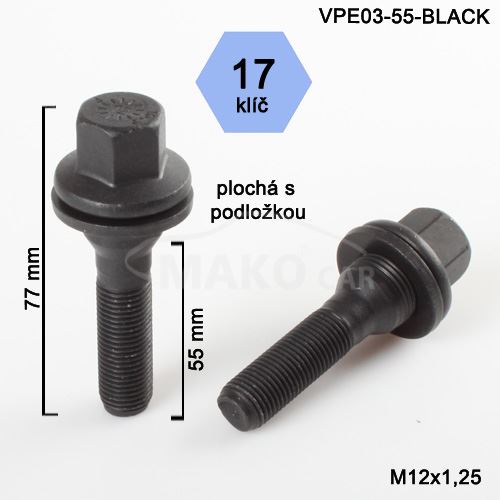 Kolový šroub M12x1,25x55 plochá podložka, klíč 17 (VPE03-55-BLACK-CP5/S) výška 77mm