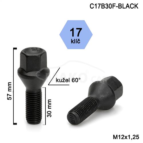Kolový šroub M12x1,25x30 kužel, klíč 17 (C17B30-BLACK-E4BV5/S) výška 57mm
