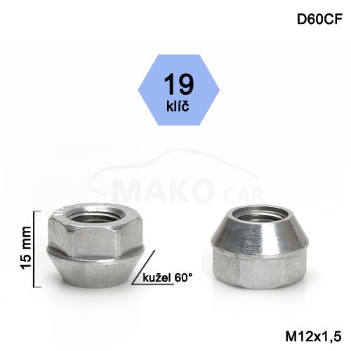 Kolová matice M12x1,5 kužel otevřená, klíč 19 (D60-DE29/S) výška 15mm