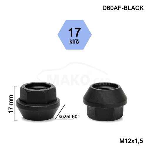 Kolová matice M12x1,5 kužel otevřená, klíč 17 (D60HEX17-BLACK-DE31/S) výška 17mm