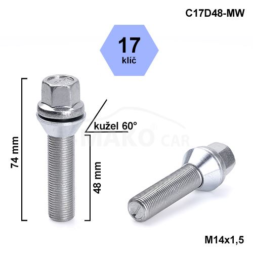 Kolový šroub M14x1,5x48 kužel pohyblivý, klíč 17 (C17D48MW-V1415KE487) výška 74mm