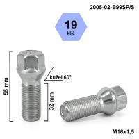 Kolový šroub M16x1,5x32 kužel, klíč 19 (2005-02-B99SP/S)(B1050) výška 55mm