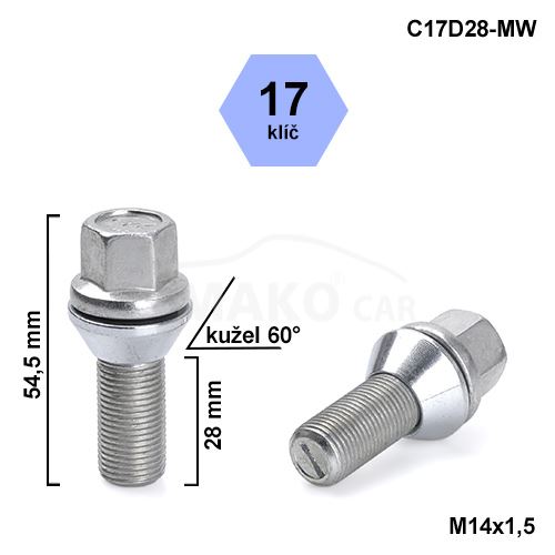 Kolový šroub M14x1,5x28 kužel pohyblivý, klíč 17 (C17D28MW-V1415KE287) výška 54,5mm