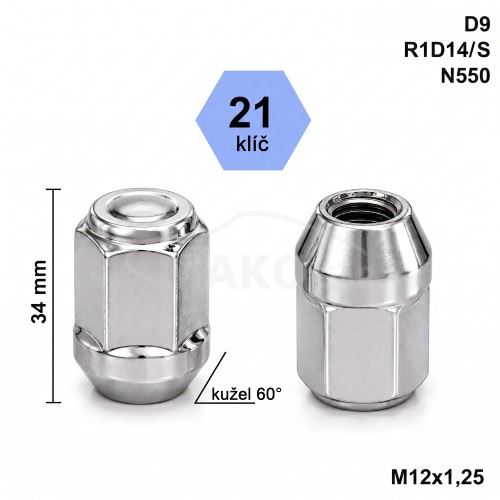 Kolová matice M12x1,25 kužel zavřená, klíč 21 (D9)(R1D14/S
)(N550) výška 34mm (3394)
