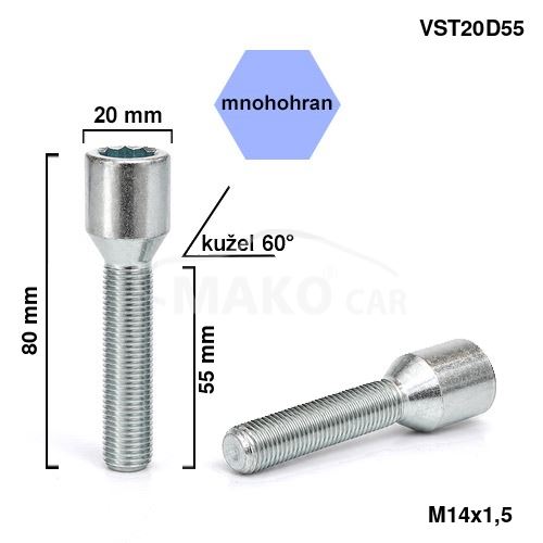 Kolový šroub M14x1,5x55 kužel, vnitřní mnohohran (VST20D55) výška 80mm (4312)