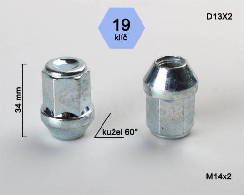 Kolová matice M14x2,0 kužel zavřená, klíč 19 (D13X2)(N404) výška 34mm (3305)