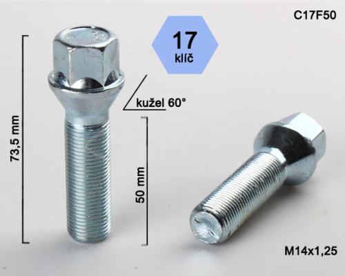 Kolový šroub M14x1,25x50 kužel, klíč 17 (C17F50)(M1425KE50S) výška 73,5mm (3484)