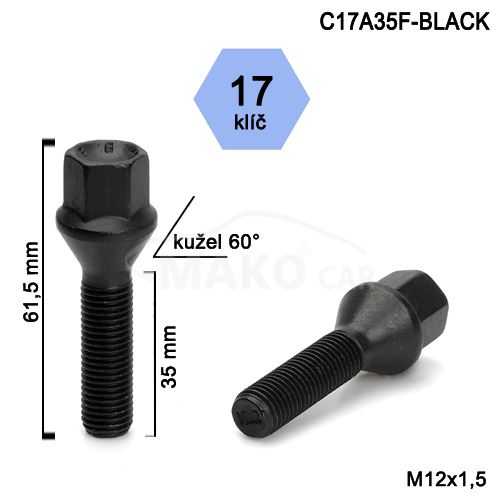 Kolový šroub M12x1,5x35 kužel, klíč 17 (C17A35-BLACK-SA1B16/S) výška 61,5mm