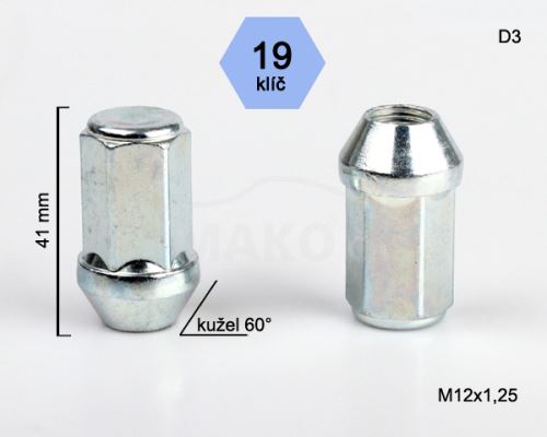 Kolová matice M12x1,25 kužel zavřená prodloužená, klíč 19 (D3 DE47/S) výška 41mm (8632)