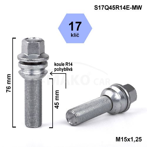 Kolový šroub M15x1,25x45 kulová R14 pohyblivá, klíč 17 (S17Q45R14MW-B1279) výška 76mm