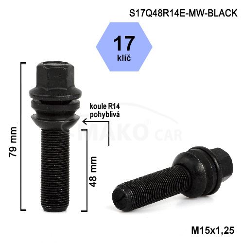 Kolový šroub M15x1,25x48 kulová R14 pohyblivá, klíč 17 (S17Q48R14MW-BLACK-B1280B) výška 79