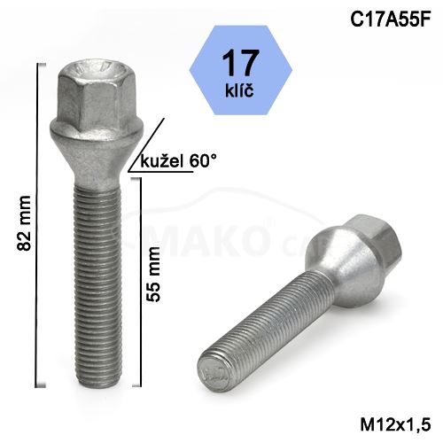 Kolový šroub M12x1,5x55 kužel, klíč 17 (C17A55-SA4/S) výška 82mm