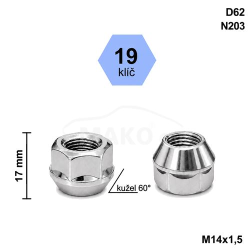 Kolová matice M14x1,5 kužel otevřená, klíč 19 (D62)(N203) výška 17mm (3307)