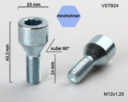 Kolový šroub M12x1,25x24 kužel, vnitřní mnohohran, hlava 23mm (VSTB24) výška 49,5mm (5837)