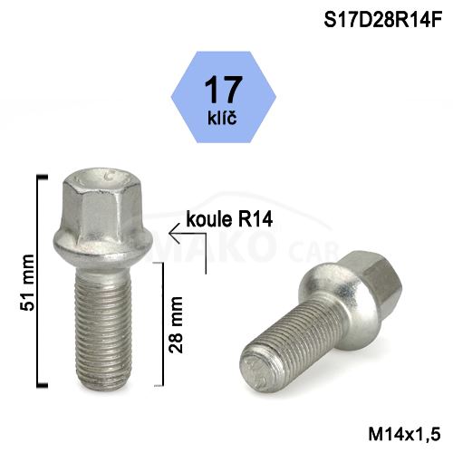 Kolový šroub M14x1,5x28 kulová R14, klíč 17 (S17D28R14-SZAMC) výška 51mm