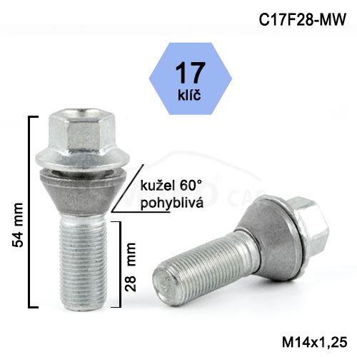 Kolový šroub M14x1,25x28 kužel pohyblivý, klíč 17 (C17F28BMW-NWR2/S) výška 54mm