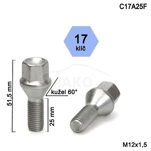 Kolový šroub M12x1,5x25 kužel, klíč 17 (C17A25-IB13/S) výška 51,5mm