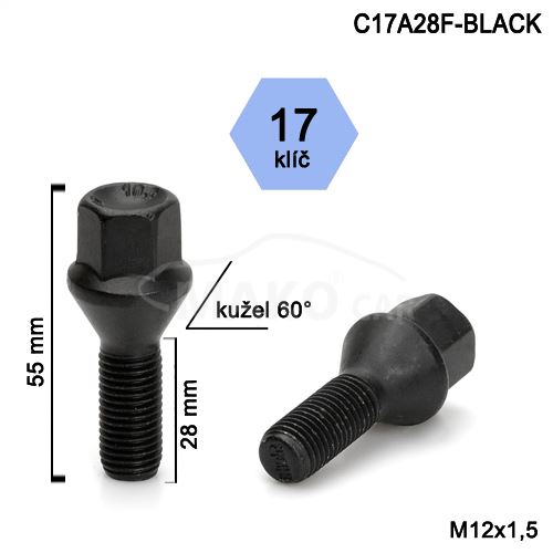 Kolový šroub M12x1,5x28 kužel, klíč 17 (C17A28-BLACK-I4/S) výška 55mm