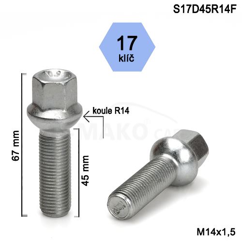 Kolový šroub M14x1,5x45 kulová R14, klíč 17 (S17D45R14-SZ5M) výška 67mm