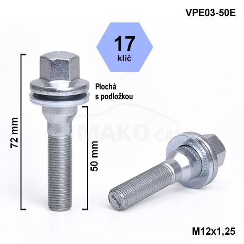 Kolový šroub M12x1,25x50 plochá podložka, klíč 17 (VPE03-50E)(SB1078) výška 72mm