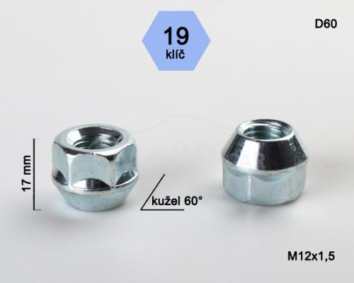 Kolová matice M12x1,5 kužel otevřená, klíč 19 (D60)(N201) výška 17mm (8184)