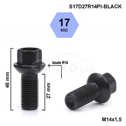 Kolový šroub M14x1,5x27 kulová R14, klíč 17 (S17D27R14MB-BLACK) výška 46mm (1)