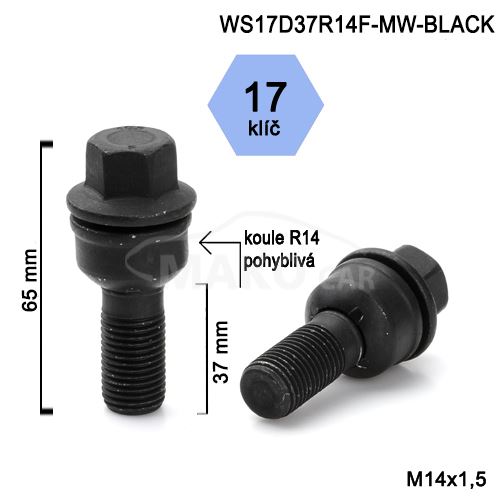 Kolový šroub M14x1,5x37 kulová R14 pohyblivá, klíč 17 (WS17D37R14MW-BLACK-BPP8) výška 65mm