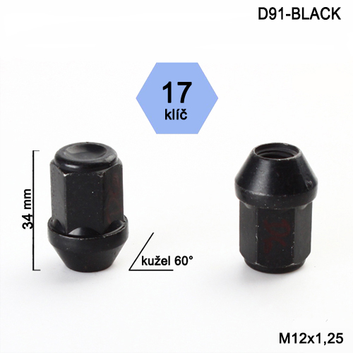 Kolová matice M12x1,25 kužel zavřená, černá, klíč 17 (D91-BLACK) výška 34mm