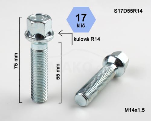Kolový šroub M14x1,5x55 kulová R14, klíč 17 (S17D55R14)(B581) výška 75mm (3618)