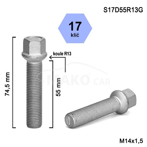 Kolový šroub M14x1,5x55 kulová R13, klíč 17 (S17D55R13G) výška 74,5mm