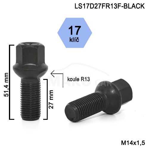 Kolový šroub M14x1,5x27 kulová R13, klíč 17 (LS17D27FR13-BLACK-ZAB54) výška 51,4mm