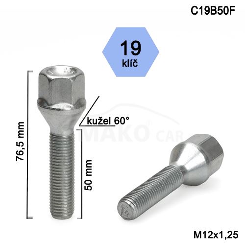 Kolový šroub M12x1,25x50 kužel, klíč 19 (C19B50-SH2B09/S) výška 76,5mm