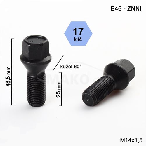 Kolový šroub M14x1,5x25 kužel, klíč 17 (C17D25/B46-BLACK)(M1415KE25W) výška 48,5mm