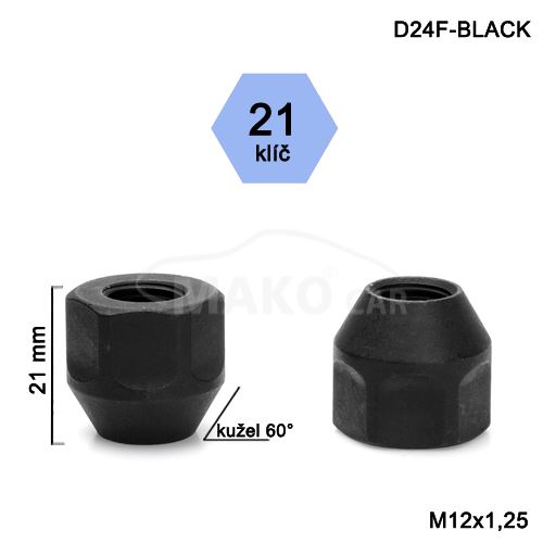 Kolová matice M12x1,25 kužel otevřená, klíč 21 (D24-BLACK-D17/S) výška 21mm