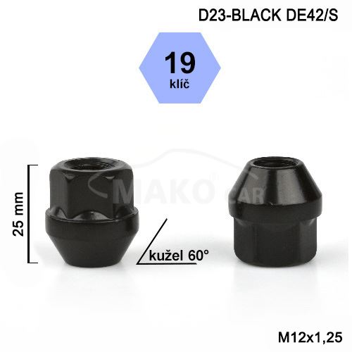 Kolová matice M12x1,25 kužel otevřená, klíč 19 (D23-BLACK)(DE42/S) výška 25mm