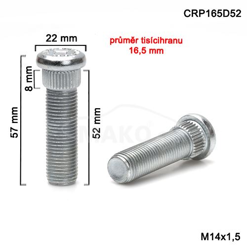 Kolový svorník M14x1,5x52 tisícihran průměr 16,5mm (CRP165D52) celková délka 58mm