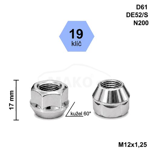 Kolová matice M12x1,25 kužel otevřená, klíč 19 (D61)(DE52/S)(N200) výška 17mm (3384)