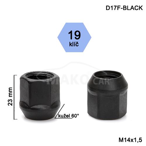 Kolová matice M14x1,5 kužel otevřená, klíč 19 (D17-BLACK-DE36/S) výška 23mm