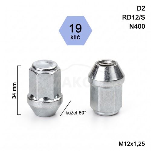 Kolová matice M12x1,25 kužel zavřená, klíč 19 (D2)(RD12/S)(N400) výška 34mm (3381)
