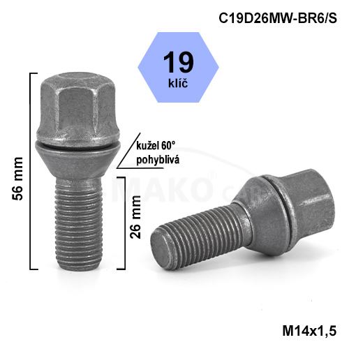 Kolový šroub M14x1,5x26 kužel pohyblivý, klíč 19 (C19D26MW-BR6/S) výška 56mm