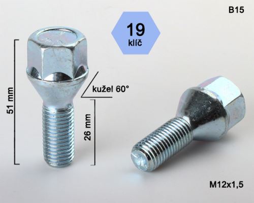 Kolový šroub M12x1,5x26 kužel, klíč 19 (C19A26/B15)(B301) výška 51,5mm (3533)