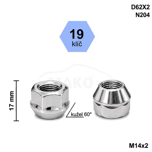 Kolová matice M14x2,0 kužel otevřená, klíč 19 (D62X2)(N204) výška 17mm (5676)