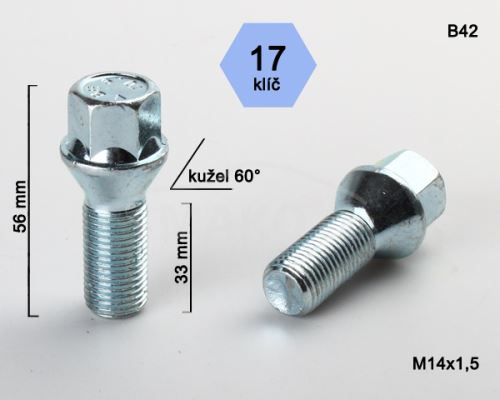 Kolový šroub M14x1,5x33 kužel, klíč 17 (C17D33/B42)(M1415KE33S) výška 56mm (3405)