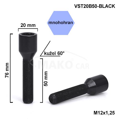 Kolový šroub M12x1,25x50 kužel, vnitřní mnohohran (VST20B50-BLACK) výška 76mm
